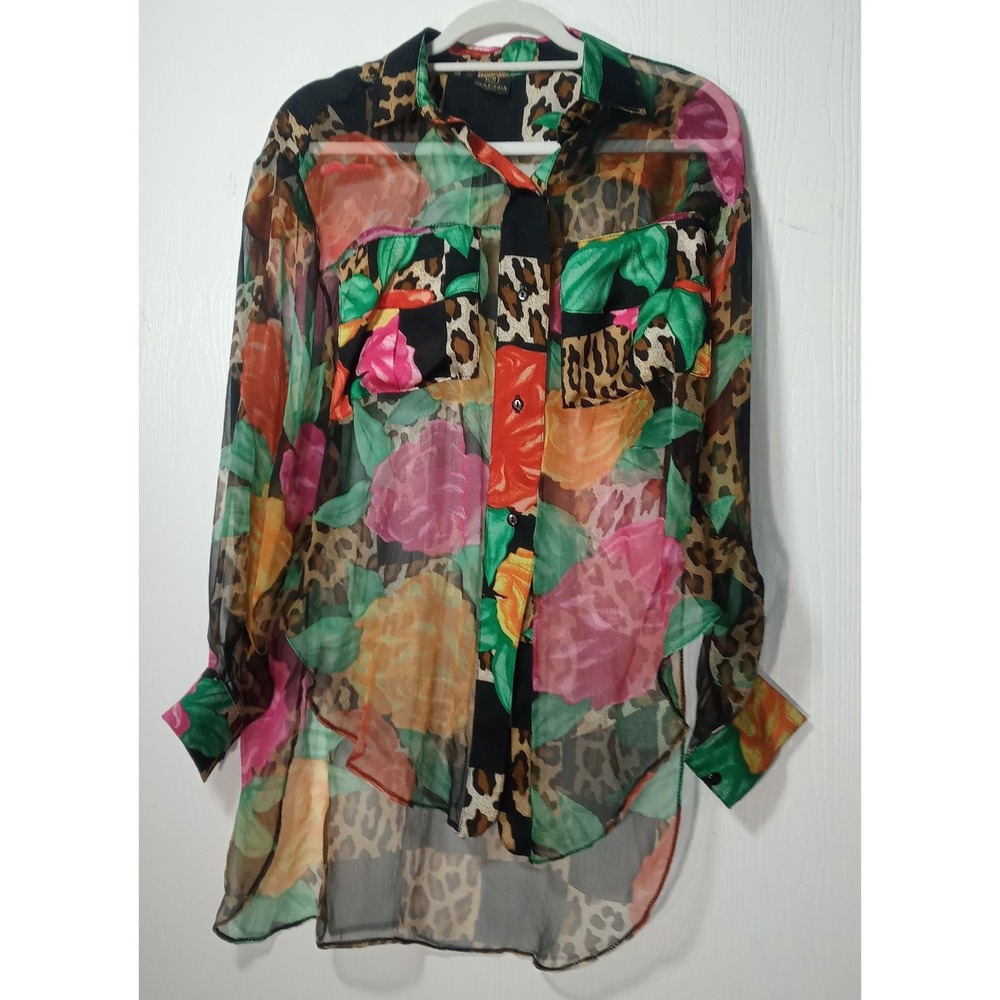 Isadora Paris Sz Med Button Front Animal Print Silk Shirt Womens Hi Low Vintage